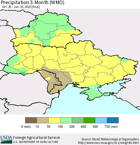 Ukraine, Moldova and Belarus Precipitation 3-Month (WMO) Thematic Map For 10/26/2019 - 1/25/2020