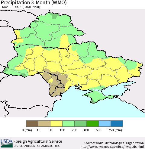 Ukraine, Moldova and Belarus Precipitation 3-Month (WMO) Thematic Map For 11/1/2019 - 1/31/2020