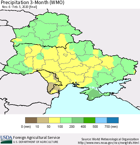 Ukraine, Moldova and Belarus Precipitation 3-Month (WMO) Thematic Map For 11/6/2019 - 2/5/2020