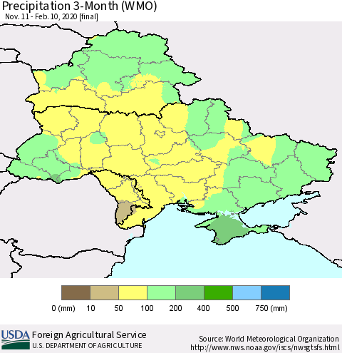 Ukraine, Moldova and Belarus Precipitation 3-Month (WMO) Thematic Map For 11/11/2019 - 2/10/2020