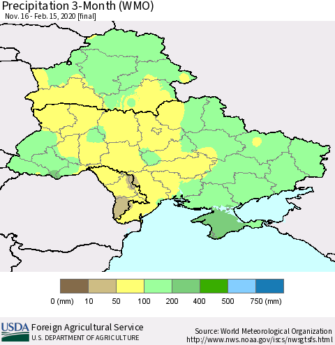 Ukraine, Moldova and Belarus Precipitation 3-Month (WMO) Thematic Map For 11/16/2019 - 2/15/2020