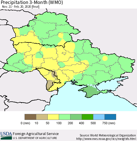 Ukraine, Moldova and Belarus Precipitation 3-Month (WMO) Thematic Map For 11/21/2019 - 2/20/2020