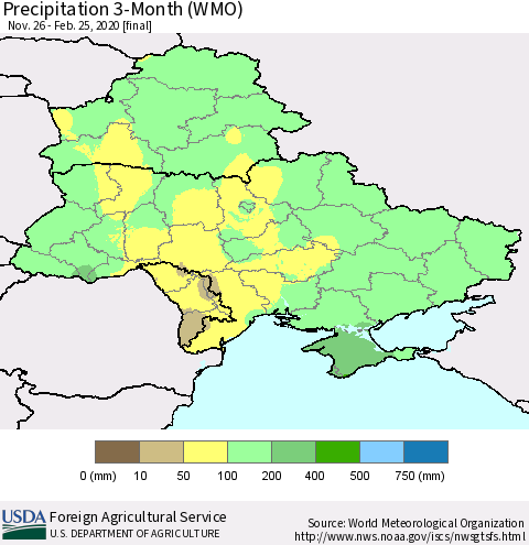 Ukraine, Moldova and Belarus Precipitation 3-Month (WMO) Thematic Map For 11/26/2019 - 2/25/2020