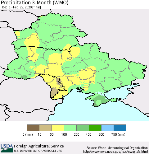 Ukraine, Moldova and Belarus Precipitation 3-Month (WMO) Thematic Map For 12/1/2019 - 2/29/2020