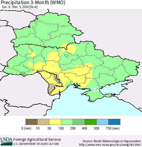 Ukraine, Moldova and Belarus Precipitation 3-Month (WMO) Thematic Map For 12/6/2019 - 3/5/2020
