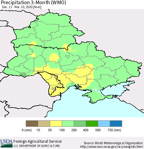 Ukraine, Moldova and Belarus Precipitation 3-Month (WMO) Thematic Map For 12/11/2019 - 3/10/2020