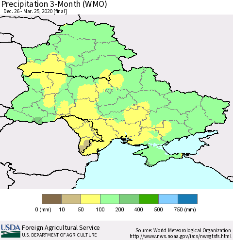 Ukraine, Moldova and Belarus Precipitation 3-Month (WMO) Thematic Map For 12/26/2019 - 3/25/2020