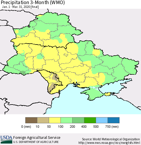Ukraine, Moldova and Belarus Precipitation 3-Month (WMO) Thematic Map For 1/1/2020 - 3/31/2020