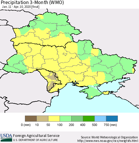 Ukraine, Moldova and Belarus Precipitation 3-Month (WMO) Thematic Map For 1/11/2020 - 4/10/2020