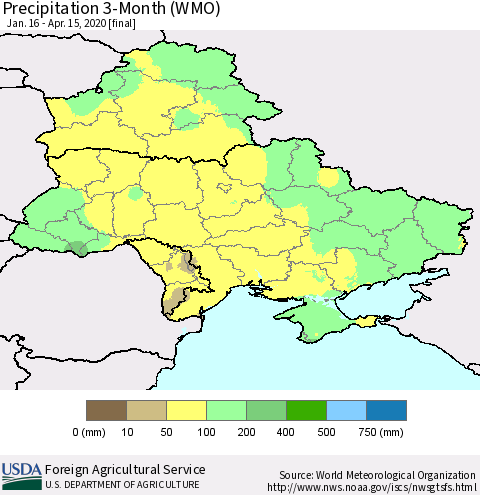 Ukraine, Moldova and Belarus Precipitation 3-Month (WMO) Thematic Map For 1/16/2020 - 4/15/2020