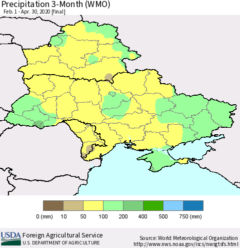 Ukraine, Moldova and Belarus Precipitation 3-Month (WMO) Thematic Map For 2/1/2020 - 4/30/2020
