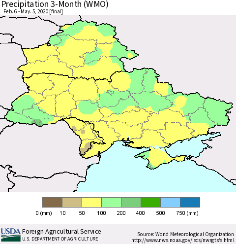 Ukraine, Moldova and Belarus Precipitation 3-Month (WMO) Thematic Map For 2/6/2020 - 5/5/2020