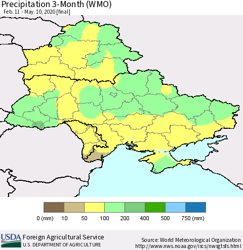 Ukraine, Moldova and Belarus Precipitation 3-Month (WMO) Thematic Map For 2/11/2020 - 5/10/2020