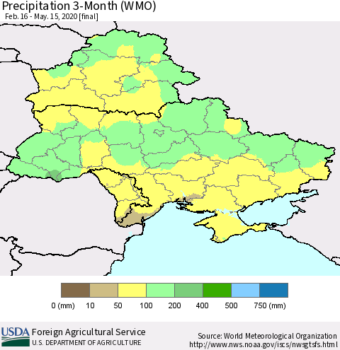 Ukraine, Moldova and Belarus Precipitation 3-Month (WMO) Thematic Map For 2/16/2020 - 5/15/2020