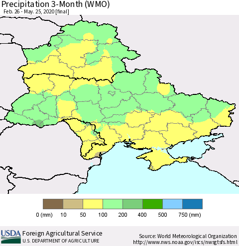 Ukraine, Moldova and Belarus Precipitation 3-Month (WMO) Thematic Map For 2/26/2020 - 5/25/2020
