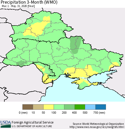 Ukraine, Moldova and Belarus Precipitation 3-Month (WMO) Thematic Map For 3/1/2020 - 5/31/2020