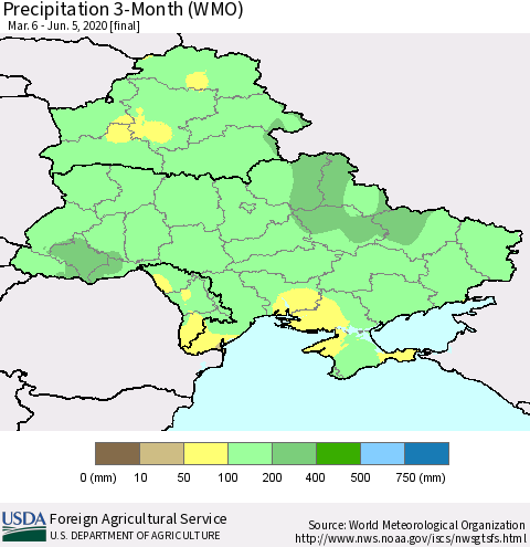 Ukraine, Moldova and Belarus Precipitation 3-Month (WMO) Thematic Map For 3/6/2020 - 6/5/2020
