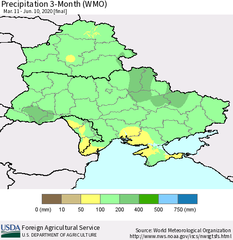 Ukraine, Moldova and Belarus Precipitation 3-Month (WMO) Thematic Map For 3/11/2020 - 6/10/2020