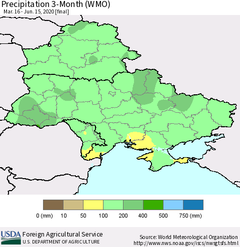 Ukraine, Moldova and Belarus Precipitation 3-Month (WMO) Thematic Map For 3/16/2020 - 6/15/2020