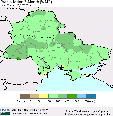 Ukraine, Moldova and Belarus Precipitation 3-Month (WMO) Thematic Map For 3/21/2020 - 6/20/2020