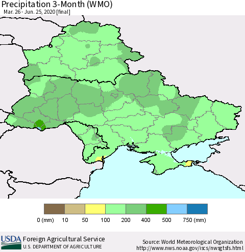 Ukraine, Moldova and Belarus Precipitation 3-Month (WMO) Thematic Map For 3/26/2020 - 6/25/2020