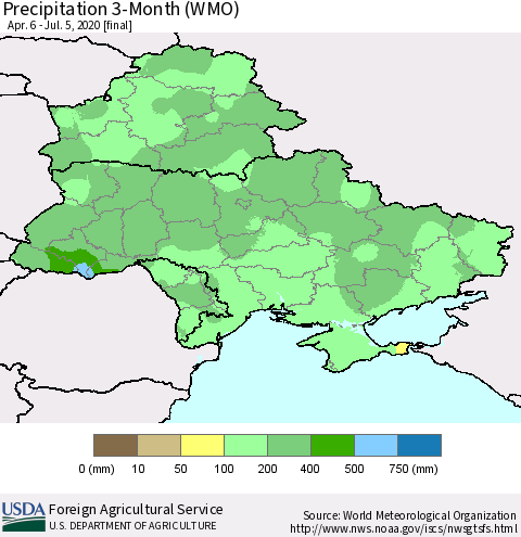 Ukraine, Moldova and Belarus Precipitation 3-Month (WMO) Thematic Map For 4/6/2020 - 7/5/2020