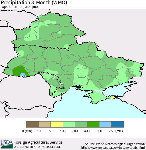 Ukraine, Moldova and Belarus Precipitation 3-Month (WMO) Thematic Map For 4/11/2020 - 7/10/2020