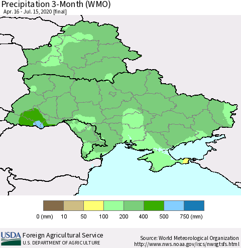 Ukraine, Moldova and Belarus Precipitation 3-Month (WMO) Thematic Map For 4/16/2020 - 7/15/2020