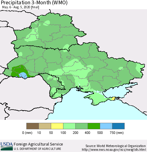 Ukraine, Moldova and Belarus Precipitation 3-Month (WMO) Thematic Map For 5/6/2020 - 8/5/2020