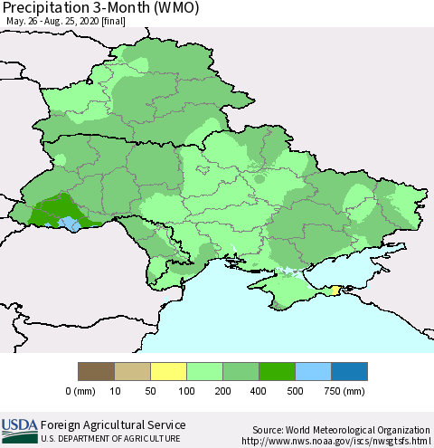 Ukraine, Moldova and Belarus Precipitation 3-Month (WMO) Thematic Map For 5/26/2020 - 8/25/2020