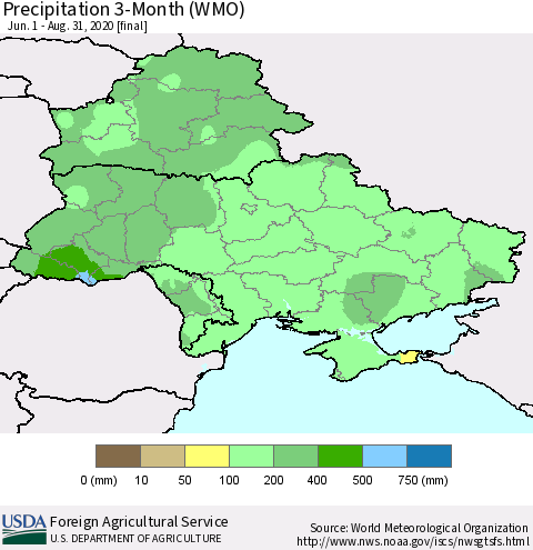 Ukraine, Moldova and Belarus Precipitation 3-Month (WMO) Thematic Map For 6/1/2020 - 8/31/2020