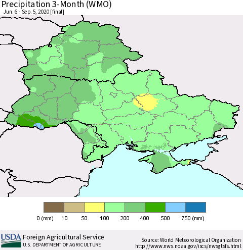 Ukraine, Moldova and Belarus Precipitation 3-Month (WMO) Thematic Map For 6/6/2020 - 9/5/2020