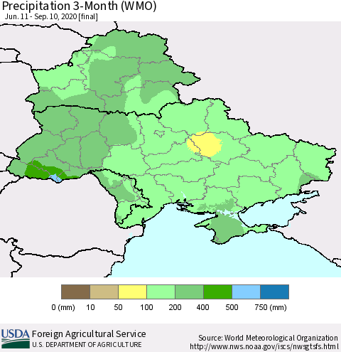 Ukraine, Moldova and Belarus Precipitation 3-Month (WMO) Thematic Map For 6/11/2020 - 9/10/2020