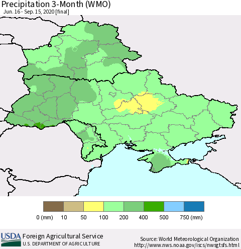 Ukraine, Moldova and Belarus Precipitation 3-Month (WMO) Thematic Map For 6/16/2020 - 9/15/2020