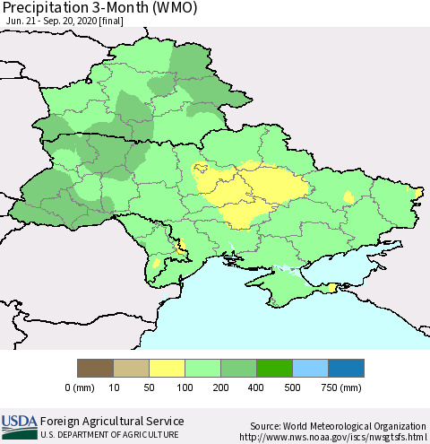 Ukraine, Moldova and Belarus Precipitation 3-Month (WMO) Thematic Map For 6/21/2020 - 9/20/2020
