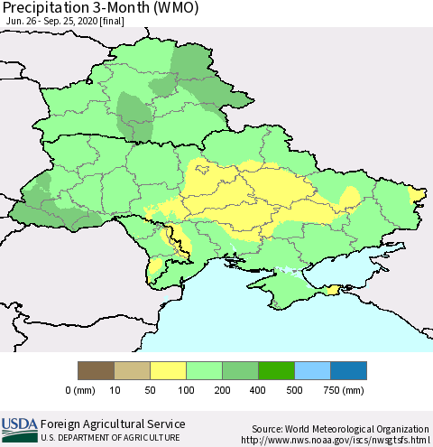 Ukraine, Moldova and Belarus Precipitation 3-Month (WMO) Thematic Map For 6/26/2020 - 9/25/2020