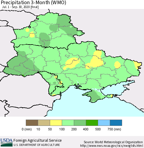 Ukraine, Moldova and Belarus Precipitation 3-Month (WMO) Thematic Map For 7/1/2020 - 9/30/2020