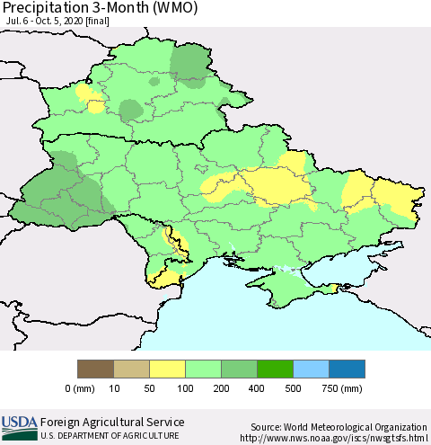 Ukraine, Moldova and Belarus Precipitation 3-Month (WMO) Thematic Map For 7/6/2020 - 10/5/2020
