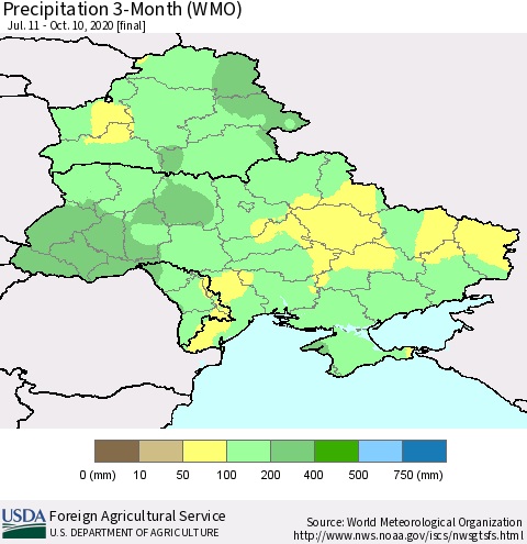 Ukraine, Moldova and Belarus Precipitation 3-Month (WMO) Thematic Map For 7/11/2020 - 10/10/2020