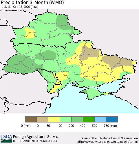 Ukraine, Moldova and Belarus Precipitation 3-Month (WMO) Thematic Map For 7/16/2020 - 10/15/2020