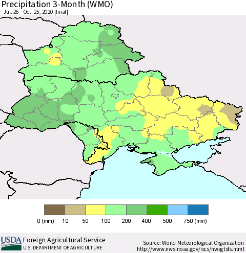 Ukraine, Moldova and Belarus Precipitation 3-Month (WMO) Thematic Map For 7/26/2020 - 10/25/2020