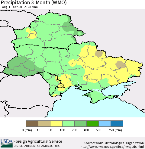 Ukraine, Moldova and Belarus Precipitation 3-Month (WMO) Thematic Map For 8/1/2020 - 10/31/2020