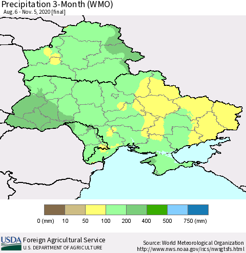 Ukraine, Moldova and Belarus Precipitation 3-Month (WMO) Thematic Map For 8/6/2020 - 11/5/2020