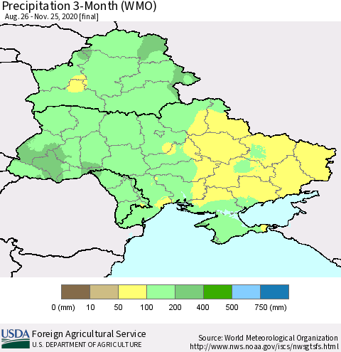 Ukraine, Moldova and Belarus Precipitation 3-Month (WMO) Thematic Map For 8/26/2020 - 11/25/2020