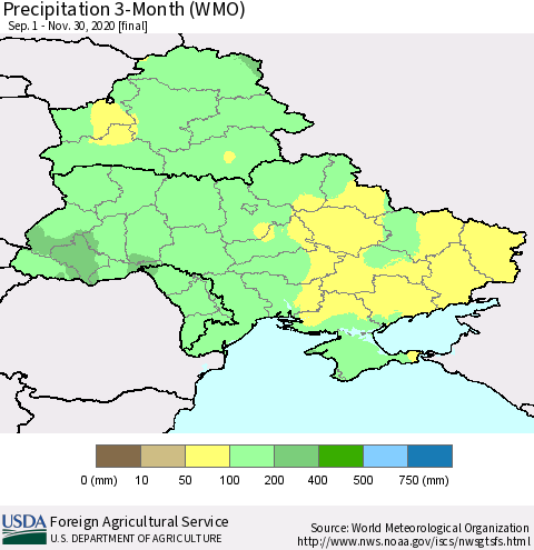 Ukraine, Moldova and Belarus Precipitation 3-Month (WMO) Thematic Map For 9/1/2020 - 11/30/2020