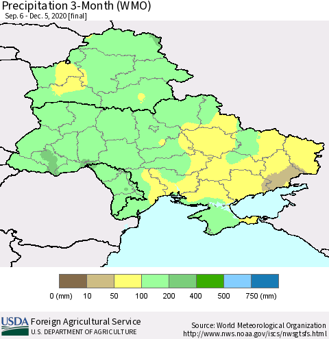 Ukraine, Moldova and Belarus Precipitation 3-Month (WMO) Thematic Map For 9/6/2020 - 12/5/2020