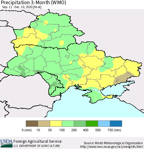 Ukraine, Moldova and Belarus Precipitation 3-Month (WMO) Thematic Map For 9/11/2020 - 12/10/2020