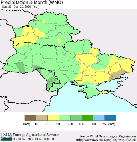 Ukraine, Moldova and Belarus Precipitation 3-Month (WMO) Thematic Map For 9/21/2020 - 12/20/2020