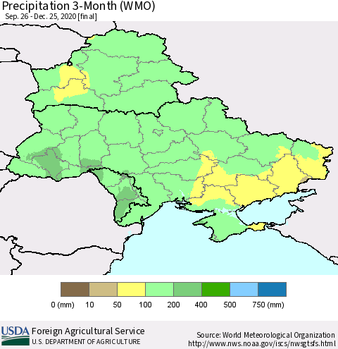 Ukraine, Moldova and Belarus Precipitation 3-Month (WMO) Thematic Map For 9/26/2020 - 12/25/2020