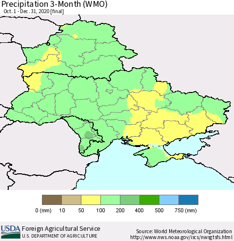 Ukraine, Moldova and Belarus Precipitation 3-Month (WMO) Thematic Map For 10/1/2020 - 12/31/2020